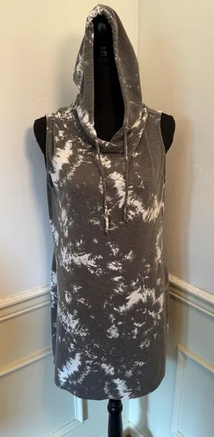 DREW Sofia Faded Black Tie Dye Hoodie Dress Mini Tunic Tank Acid Wash Sleeveless thumbnail 1