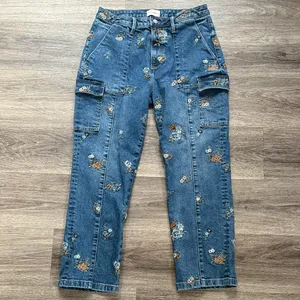 DRIFTWOOD Blue Floral Embroidered Cropped Jeans Royce Straight Leg Cargo Denim thumbnail 2