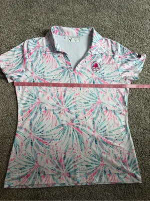 Yatta Golf Women’s M Pink Teal Tropical Palm Print Polo Shirt 19/24 Logo thumbnail 6