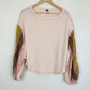We the Free Blossom pale peachy pink thermal with patterned balloon sleeves. XS thumbnail 2