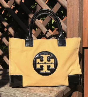 Tory Burch Ella Tote Mustard Yellow Canvas Black Patent Leather Trim Handbag thumbnail 1