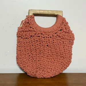 A New Day Terracotta Coral Macrame Woven Handbag‎ with Wood Handle Tote Bag thumbnail 2