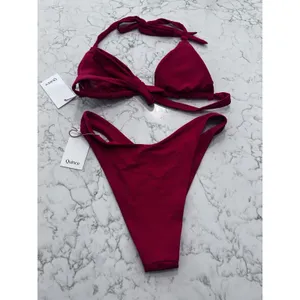 NWT Quince Red Italian Full Coverage Ring Triangle Bikini Top & High Leg Bottom thumbnail 2