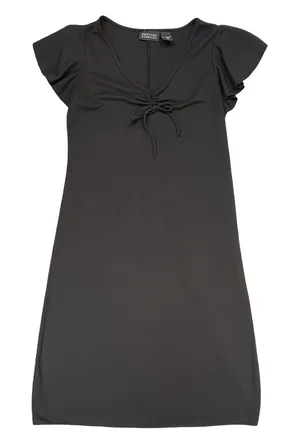 New York & Company Women Shift Dress Y2K Black Ruched V-Neck Flutter Sleeve M‎ thumbnail 1