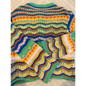 Multicolor Striped Open Knit Cardigan Bell Sleeve Boho Lightweight Small thumbnail 7