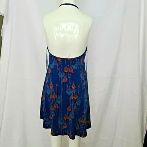 Free People Blue Peacock feather print Lined Halter Dress Boho Extra Small‎ XS thumbnail 4
