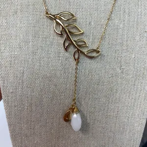 Bansri Gold Leaf Lariat Necklace White Teardrop Stone Charm Dainty Boho thumbnail 3