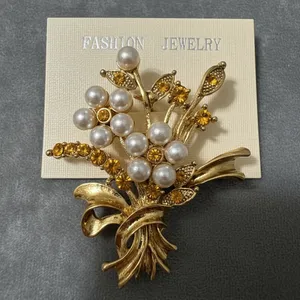 Vintage Gold Tone Floral Bouquet Brooch Faux Pearl Amber Rhinestone Pin thumbnail 2