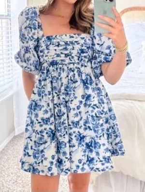 Abercrombie & Fitch Emerson Poplin Blue Floral Puff Sleeve Mini Dress Size S thumbnail 1