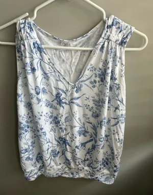 LOFT White and Blue Floral/Bird V-Neck Tank thumbnail 1