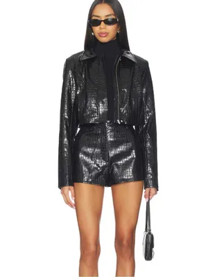 Zara black faux leather crocodile mini shorts Size XL #leather #biker thumbnail 2