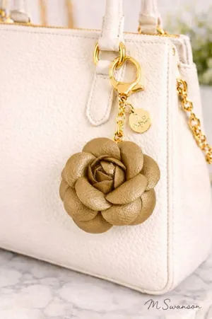 NEW Camellia Rose Bag Charm Keychain Khaki Tan Vegan Leather Floral Charm NWT thumbnail 1