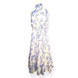 Lulus Float To‎ You White Blue Floral Halter Tiered Midi Dress Small Romantic thumbnail 5