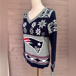 NFL V-Neck New England patriots fair isle sweater Sweater Blue and Gray small thumbnail 3