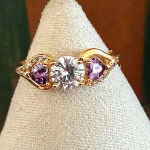 Gold Tone Cubic Zirconia Ring Heart Purple Stones thumbnail 3