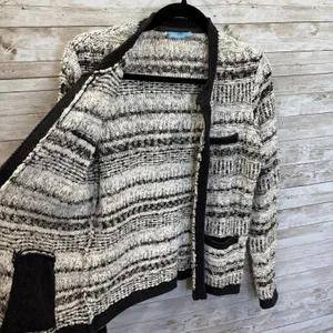 J McLaughlin Womens S Cardigan Open Sweater Tweed Knit Black & White Pockets thumbnail 4