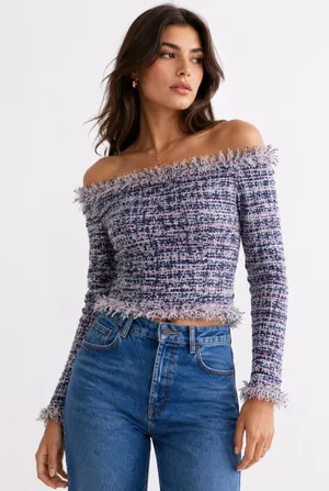 ZARA Off-The-Shoulder Tweed Top Blue thumbnail 1
