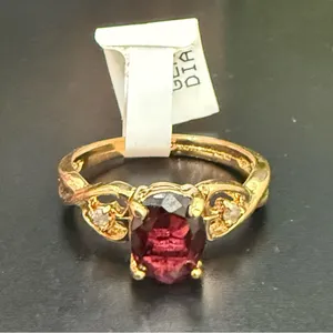Vintage 14K HGE Heavy Gold Electroplated Genuine Garnet & Diamond Ring Size 7 thumbnail 2