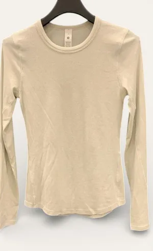 Lululemon Womens 4 Hold Tight LS Shirt Beige Shimmer Sparkle Ribbed Fitted Top thumbnail 1