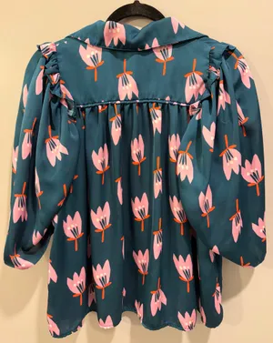 Karlie Poppy Floral Print Button Front Ruffle Detail Puff Sleeve Top Teal thumbnail 6