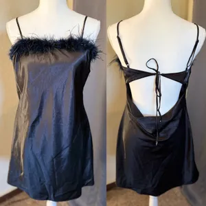 Thirty/Thirty LA Black Satin Feather Trim Mini Dress Open Back‎ Tie XL thumbnail 6