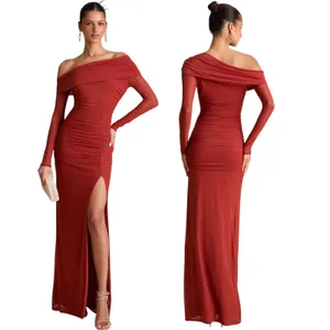Lulus Darla Rust Red Mesh One-Shoulder Long Sleeve Maxi Dress size Large NWT thumbnail 2