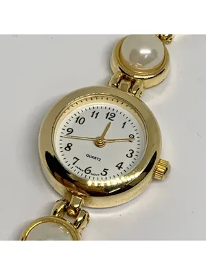 Vintage women’s watch faux pearls gold tone links 21mm quartz 7” running thumbnail 2