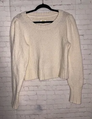 Maeve Anthropologie Cream Cotton Blend Puff Sleeve‎ Knit Cropped Sweater Medium thumbnail 1