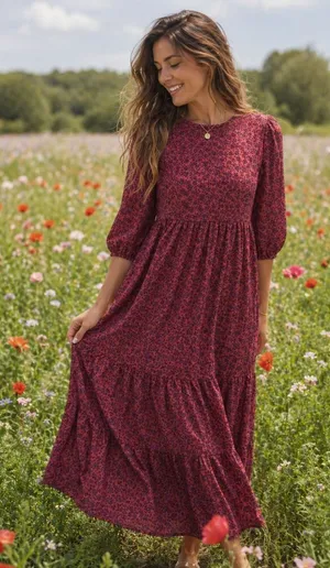 ZARA Red Black Dainty Floral 1/4 Sleeves Tiered Maxi Dress Womens Size Small S thumbnail 1