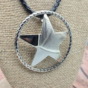 Western Texas Star Brooch Pin Pendant on a Black Faux Cord Collar Necklace 18" thumbnail 4