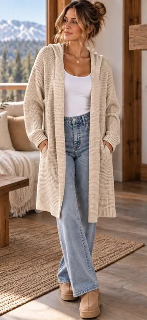 Carve Designs Alamosa Cream Wool Alpaca Blend Waffle Knit Hooded Long Cardigan thumbnail 1