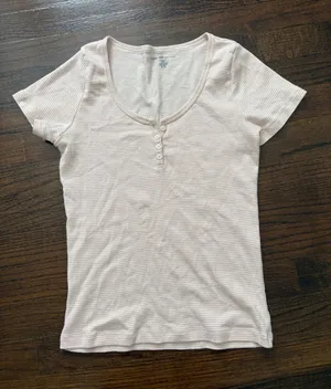 Brandy Melville Blush Pink Ribbed Henley Scoop Neck Tee thumbnail 1