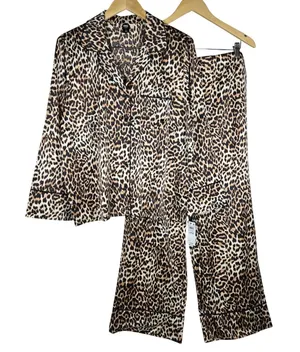 INC International Concepts Leopard Print Satin Pajama Set Brown Large NEW thumbnail 1