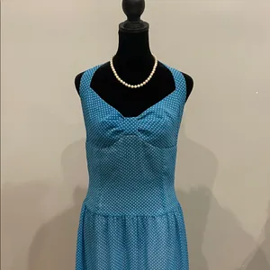 Blue Polka Dot Sleeveless Midi Dress with retro looks ties in back thumbnail 3
