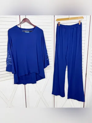 Soft‎ & Cozy Loungewear Embroidered Sleeve Wide Leg Pants Set Blue Small thumbnail 7