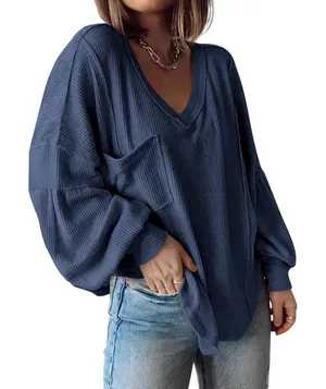 Elegant Navy V-Neck Ribbed Sweatshirt thumbnail 1