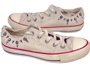 Converse Chuck Taylor OX Metal Studded Low Top Sneakers White Silver Biker Punk thumbnail 1