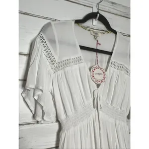Umgee V-Neck Smocked Waist Flutter Sleeve Midi Dress White Small thumbnail 6