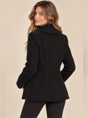London Fog Black Double Breasted Wool Blend Longline Minimalist Pea Coat Small thumbnail 3