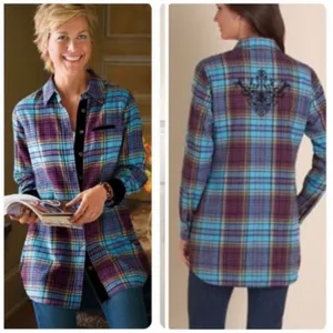 Soft Surroundings‎ Blue Plaid Highlands Flannel Button Shirt Womens Size Medium thumbnail 2