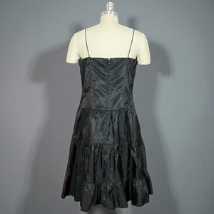 Niki By Niki Livas Vintage 80s Black Spaghetti Strap Crinkle Taffeta Tiered A Line Dress thumbnail 7