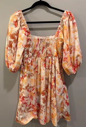 Abercrombie & Fitch Peach Floral Emerson Poplin Puff Sleeve Square Neck Mini Dress thumbnail 5