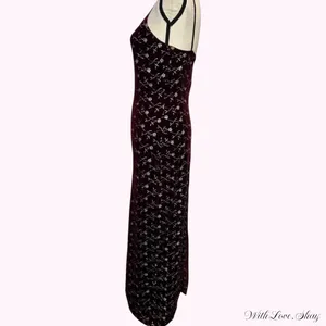 90s vintage square neck burgundy and silver glitter floral maxi velvet dress thumbnail 4
