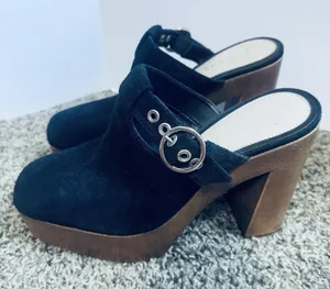 Gianni Bini 6.5 Sotelo Platform Mules Black Suede Buckle Block Heels Boho Chunky thumbnail 1
