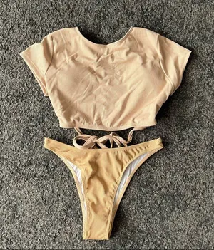 Ribbed t shirt tie back bikini set tan Size L thumbnail 4