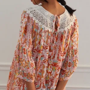 Anthropologie Lounge Dress Florence Floral Lace XS Boho Tiered Puff Sleeve thumbnail 13
