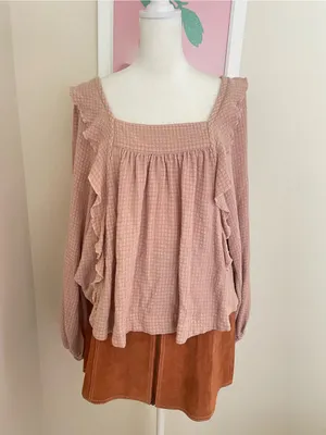 Free People Bonnie Blouse Dusty Pink Textured Ruffle Boho Top Size Small thumbnail 4