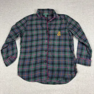 Lauren Ralph Lauren Pajama Top Womens M Green Plaid Flannel Button Up Sleepwear thumbnail 1