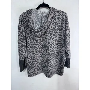 MoCo Boutique Women's S Gray Leopard Hoodie Sweatshirt Button Front Ribbed Trim‎ thumbnail 6