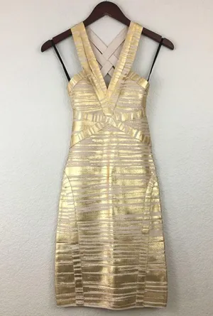 NWT BEBE Gold Foiled Bandage Dress XS thumbnail 5